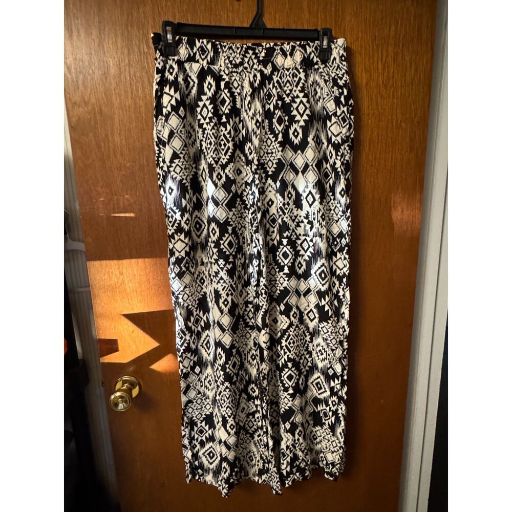 Gunit Women’s Palazzo Pants - Black/White Aztec Tribal Print Wide Leg Boho Rayon
